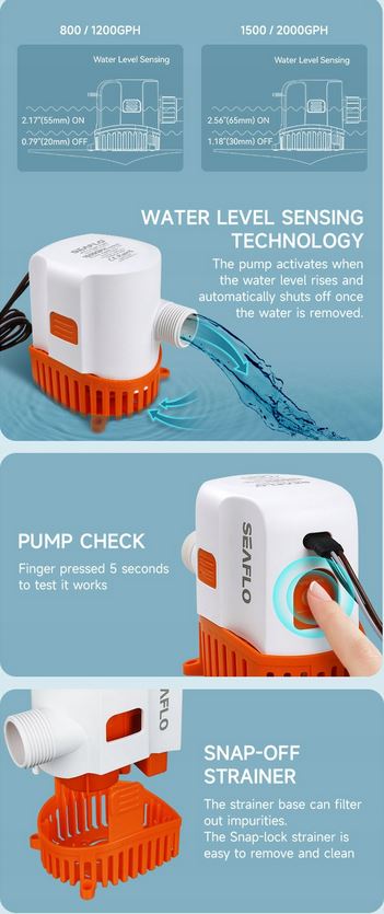 POMPA WODY ZĘZOWA AUTOMATYCZNA 12V 1200GPH 75L SEAFLO SFBP1-G1200-17
