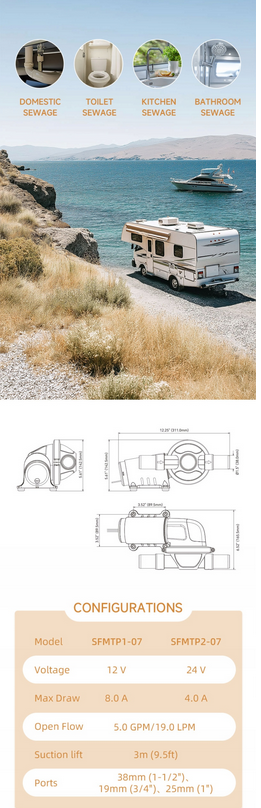 POMPA MEMBRANOWA DO TOALET FEKALIÓW I WODY SZAREJ 12V SFMTP1-07
