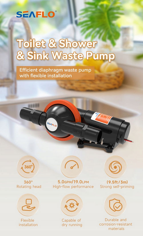 POMPA MEMBRANOWA DO TOALET FEKALIÓW I WODY SZAREJ 12V SFMTP1-07